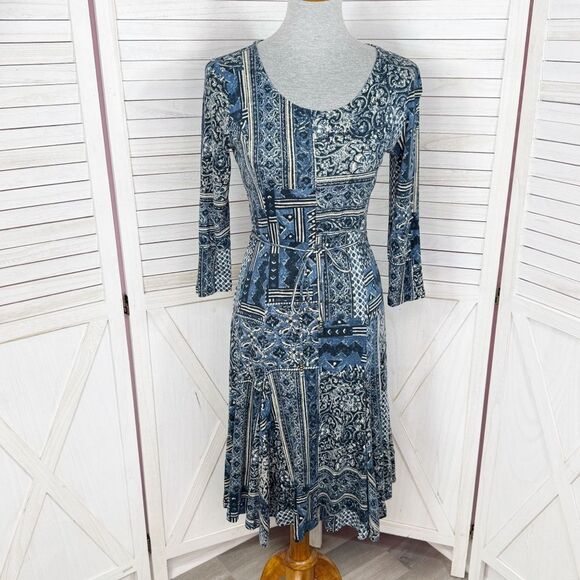 Lauren Ralph Lauren Printed Patchwork Knit Fit Flare Dress Blue Small - Picture 1 of 11